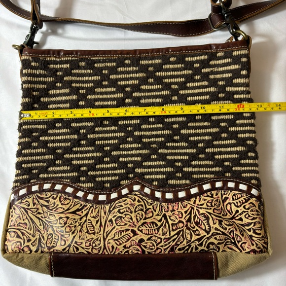 Myra Leather Shoulder Purse Tooled Leather Canvas Crossbody Pocketbook Brown - Picture 16 of 16